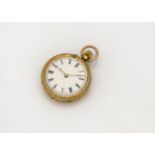 An early 20th century continental 18ct gold open faced lady's pocket watch, 34mm case, crack to
