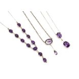 Three amethyst necklaces, comprising two with pairs of oval drops set in silver and another cabochon