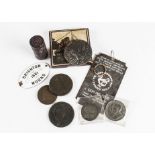Three 19th century copper tokens and other items, including an 1813 Birmingham Workhouse one pout