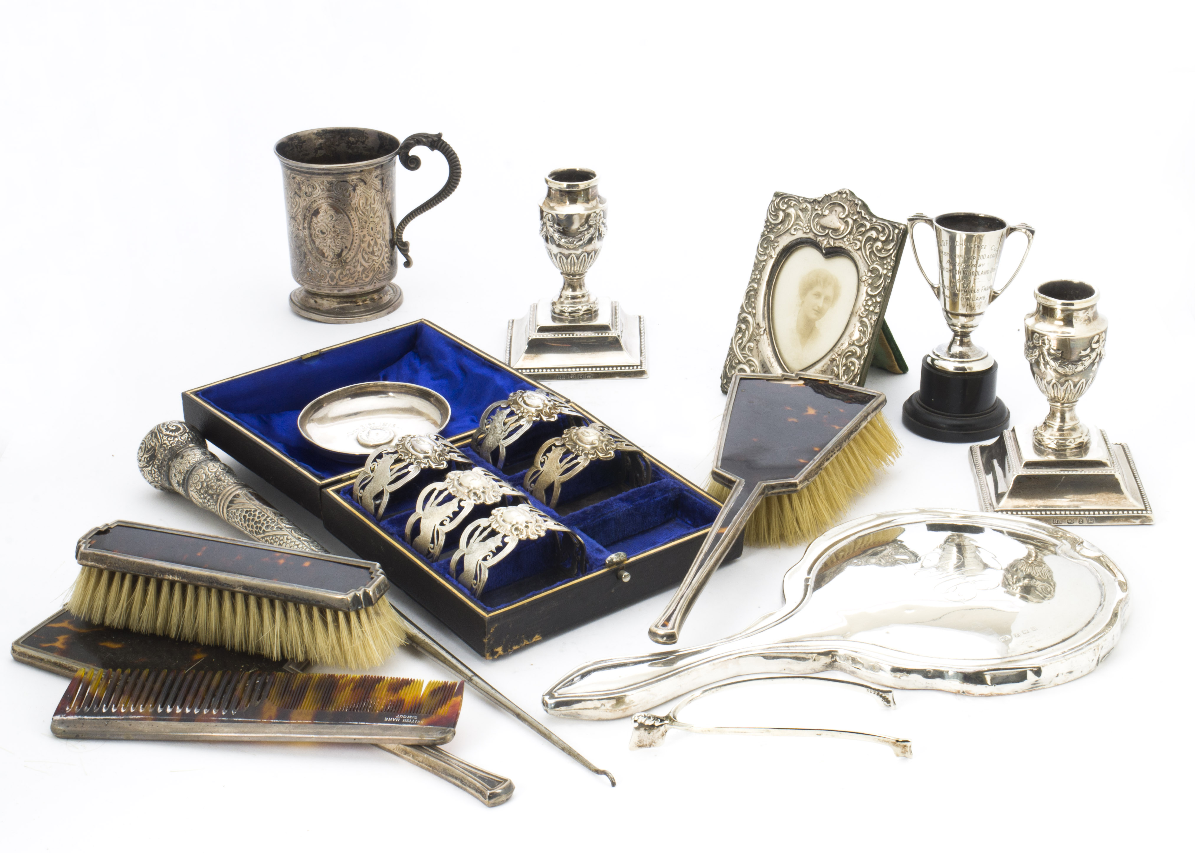 A collection of Victorian silver and later collectables, including Christening tankard, a pair