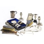 A collection of Victorian silver and later collectables, including Christening tankard, a pair