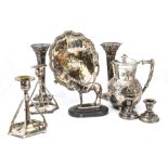 A small collection of silver and silver plate, including a pair of silver filled trumpet vases, a
