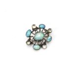 An arts and crafts silver set brooch, set with opals and cabochon paste beads, 4.5cm x 4cm, 10g