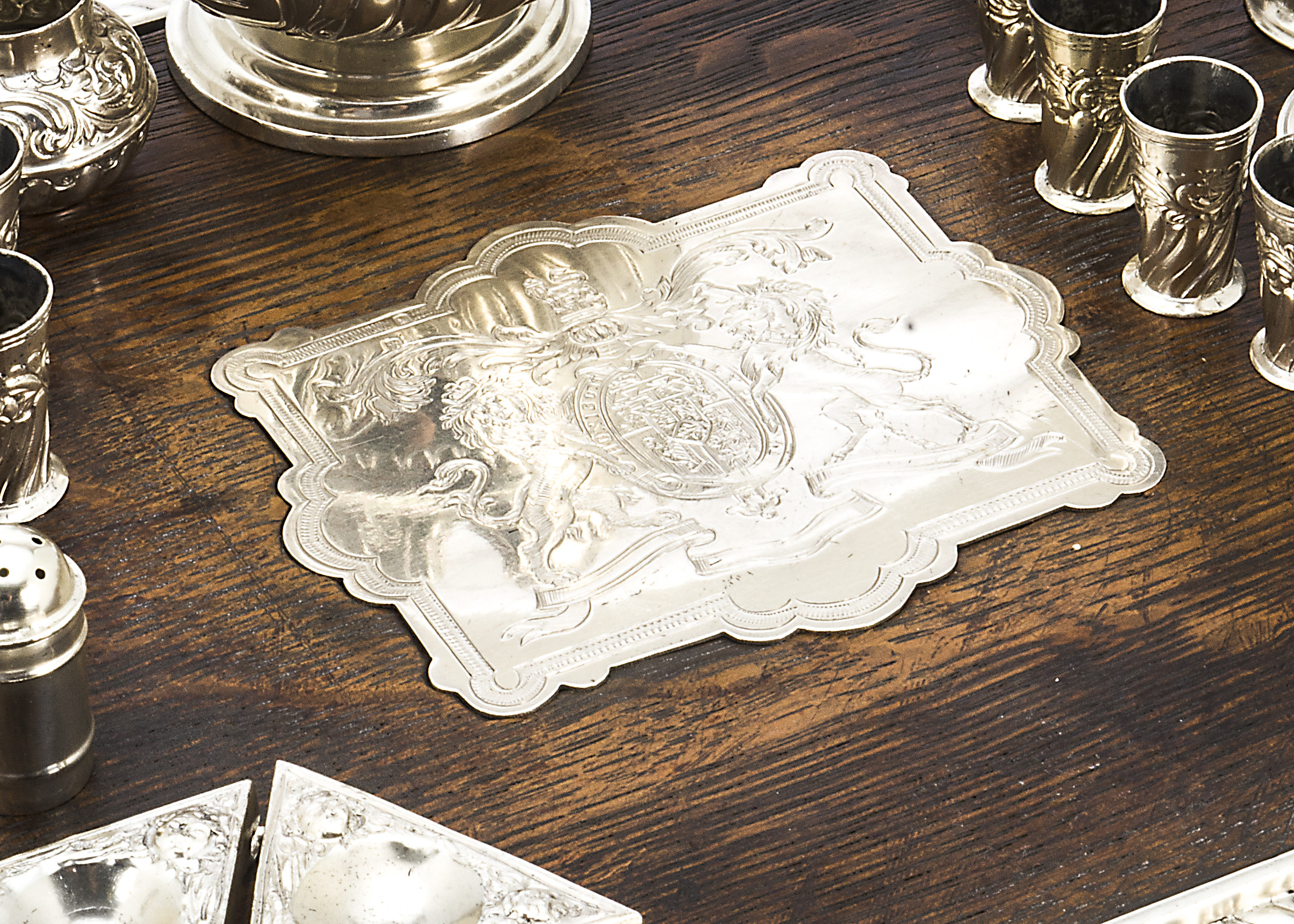 A miniature Queen Anne style Britannia silver and oak banquet table, together with a collection of - Image 2 of 9