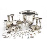 A collection of silver and silver plated items, including a silver plated Champagne bucket from