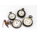 Four late 19th and early 20th century continental silver ladies open faced pocket watches