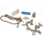 A silver charm bracelet, a silver double heart Mizpah brooch, a silver cased butterfly wing