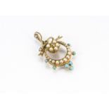 A Victorian seed pearl, diamond and turquoise set pendant, the central floral drop surrounded in