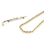 A 9ct gold rope twist necklace, a Victorian gold brooch in the form of a walking stick, 11g (af) (2)