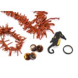 A rough coral necklace and matching bracelet, together with a tortoiseshell seahorse brooch, a