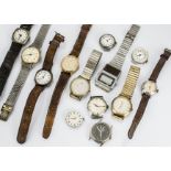 A collection of 12 wristwatches, including a Pluto silver trench style, a gilt watch marked Omega De