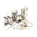 A collection of Victorian and later silver plated items, including a large trophy tankard,