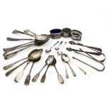 A collection of Georgian and later silver flatware, including tablespoons, teaspoons, small