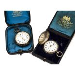 Two Victorian silver pocket watches, one a full hunter, the other open faced, each with a box (4)
