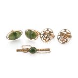 A pair of 14ct gold Chinese character cufflinks, together with a pair of yellow metal and nephrite