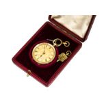 A late 19th century 18ct gold lady's open faced pocket watch, 35mm case with gold plated ring and