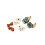 A pair of turquoise pebble and gold cufflinks, a pair of coral examples and a pair of mother of