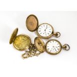 Three gold pated early 20th century pocket watches, all full hunters, one with chain, AF