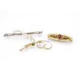 A 9ct gold paste set oval brooch, a continental cultured pearl white metal bar brooch, and another