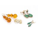 A pair of 9ct gold malachite drop earrings, together with a pair of seed pearl earrings, another