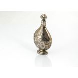 A Victorian silver scent bottle, ovoid on oval foot and with stopper, import marked for London 1886