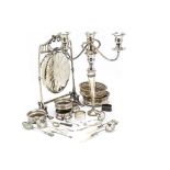 A collection of silver and silver plated items, including a cute silver and mop letter opener, a