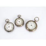 Three 19th century continental silver open faced ladies pocket watches, each with pretty dials (3)