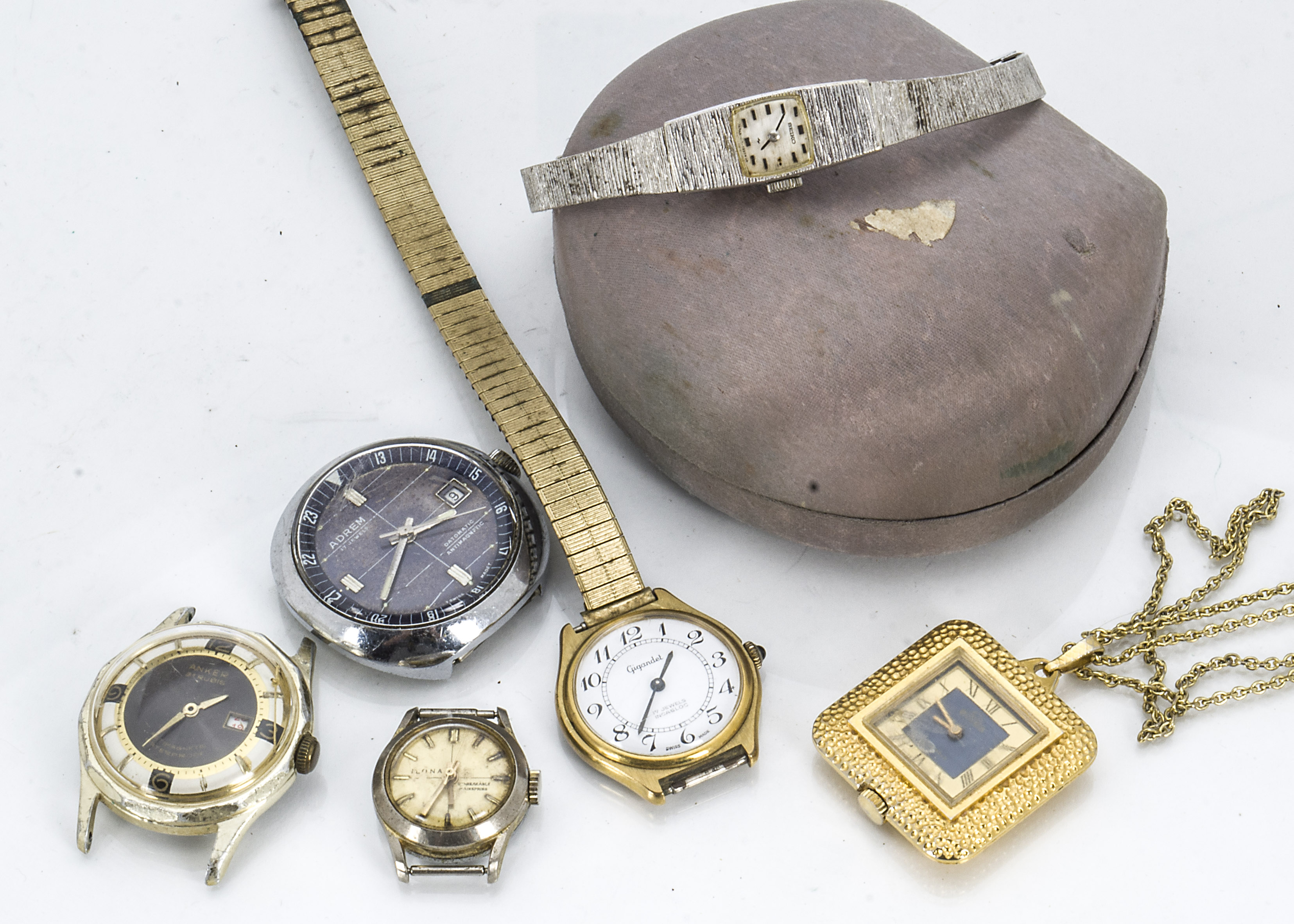 Six vintage and modern watches, including an Adrem Datomatic, an Anker, a Seiko in box, and three