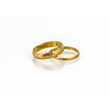 Two 22ct gold wedding bands, one af, the other with engraved floral design, ring size Q, 4g total