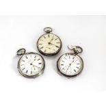 Three Victorian silver open faced pocket watches, one with cream coloured dial by Thomas Reynoldson,