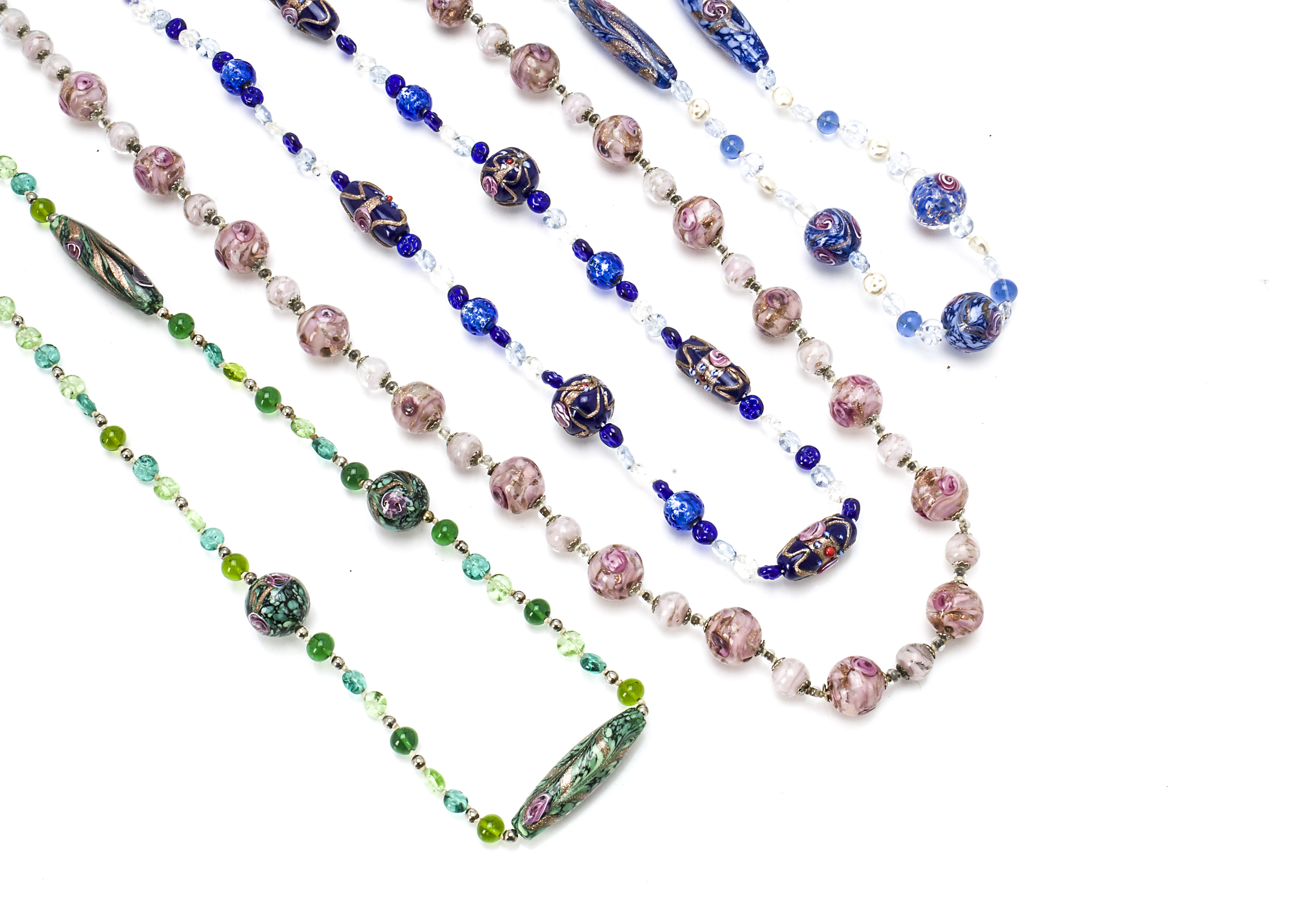 A collection of Italian Murano glass beads, in blues, greens and pinks, all having gilt aventurine