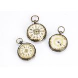 Three 19th century continental silver open faced ladies pocket watches, each with silvered dial with