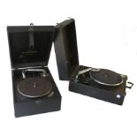 Portable gramophones, Columbia: a 205 with (chrome) No 24 soundbox (tone-arm seized); and an