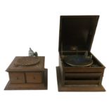 Two gramophones, one hornless with alloy gooseneck tone-arm (no winder); and a Columbia table