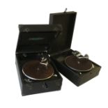 Portable gramophones, in black cases: an HMV Model 97, 1939, with No. 23 soundbox (no lid stay or