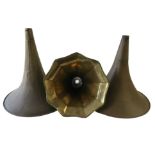 Gramophone horns, brass: a large spun brass horn and two flower horns (3)