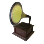 Horn gramophone, with repainted fluted horn, gooseneck tone-arm (rusted) and oak case (no