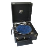 Portable gramophone, Vocalion, in square case with front flap enclosing horn, working Garrard