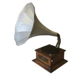 Horn gramophone, with silver-painted flower horn, straight tone-arm and oak case with applied