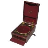 Portable gramophone, Edison Bell, in red case with gilt fittings, EB Electrotone Super No 2 soundbox