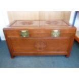 A Chinese camphor wood trunk, the moulded oblong rising top with decoration of two roundels over
