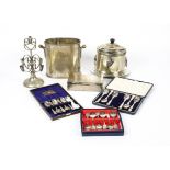 A collection of silver plate, including a cased set of knives, five sets of teaspoons, a wine