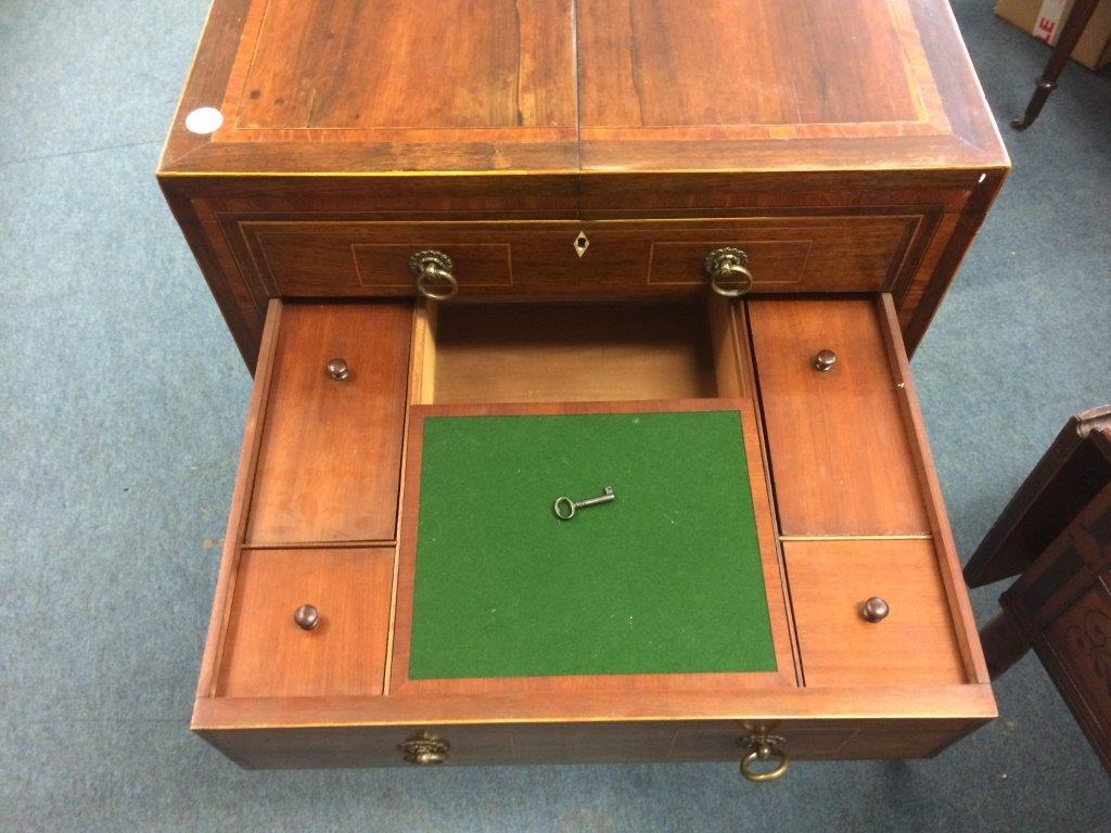A late George III Rosewood box line inlaid satinwood banded dressing table, the double rising top - Image 5 of 8