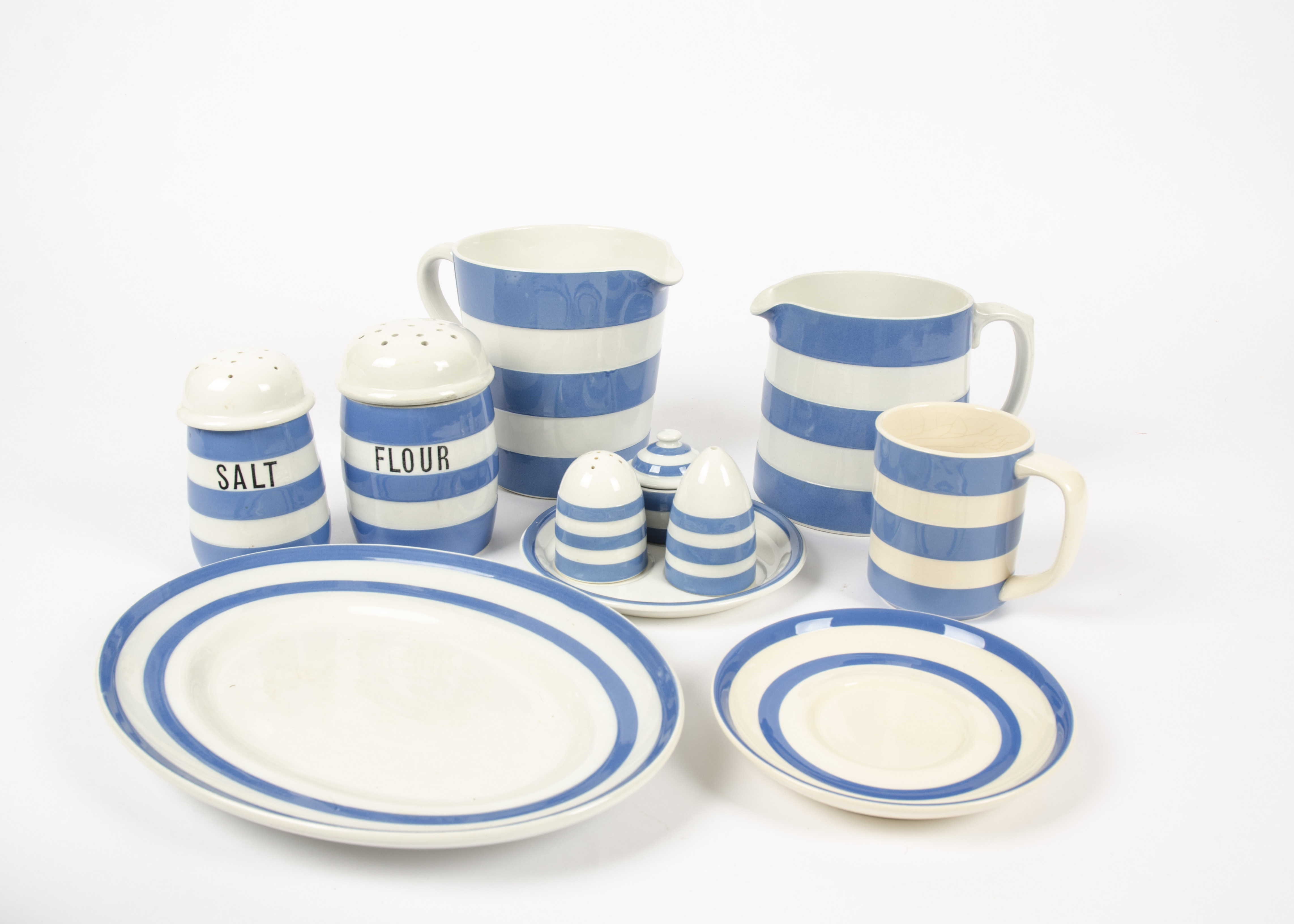 A collection of T.G. Green & Co blue Cornish tea wares, consisting of three cups, two saucers, six