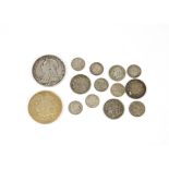 A selection of 19th & 20th Century silver coins, including a George IV crown 1822, Victorian