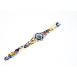 A 1990's Swatch plastic watch, the strap decorated with motorcycle scenes, length 23 cm, in the