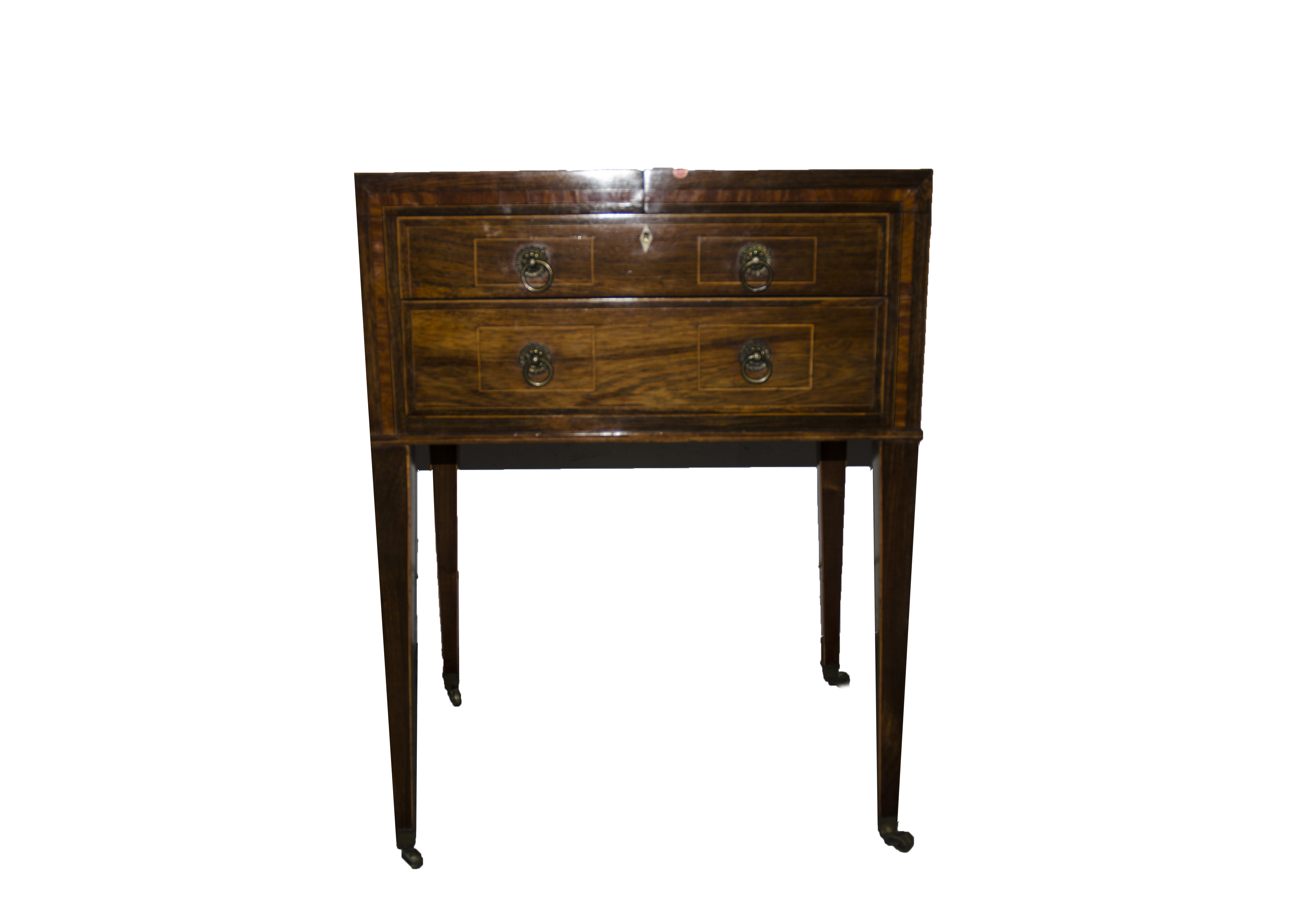 A late George III Rosewood box line inlaid satinwood banded dressing table, the double rising top