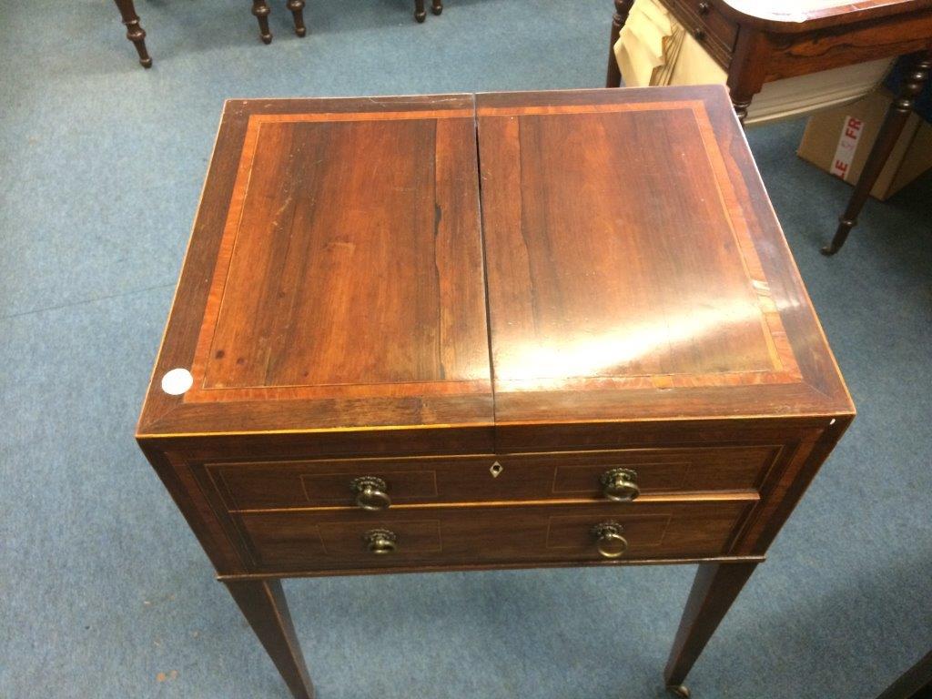 A late George III Rosewood box line inlaid satinwood banded dressing table, the double rising top - Image 4 of 8