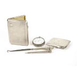 A small group of silver and silver plated items, including a silver engine turned card case,