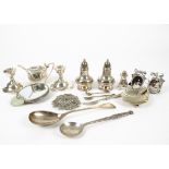 A collection of 20th Century silver and silver plate, including a pair of silver mounted candlestick